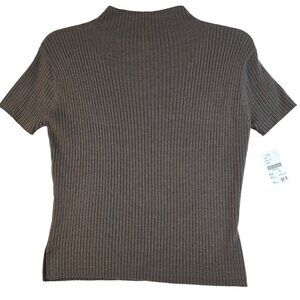 GETT Medium Chocolate Brown Ribbed Wool Mock Neck Slit Hem Short-Sleeve Sweater